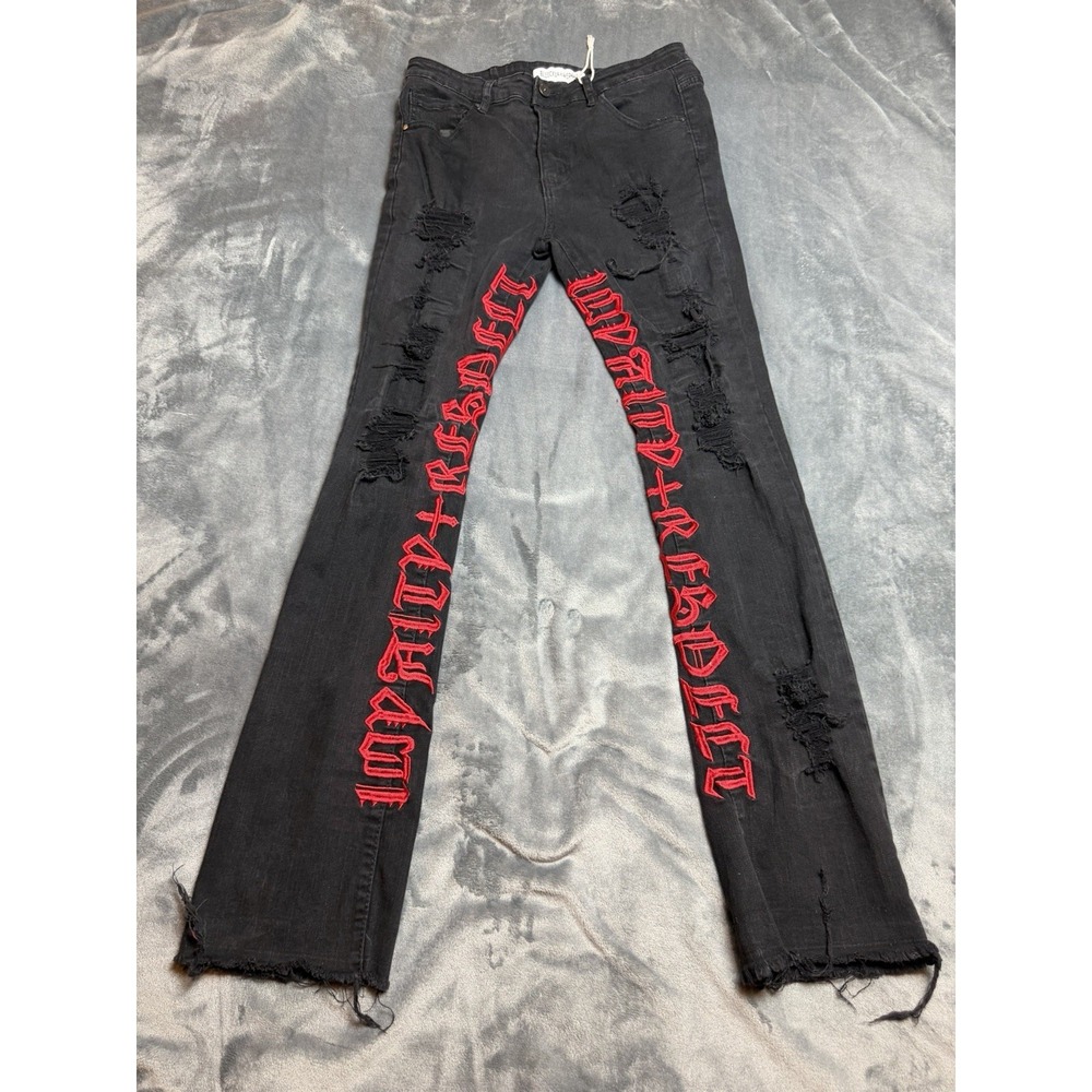 Bleeker And Mercer Stack Flare Distressed Black Jeans Red Embroidered Goth 34x32